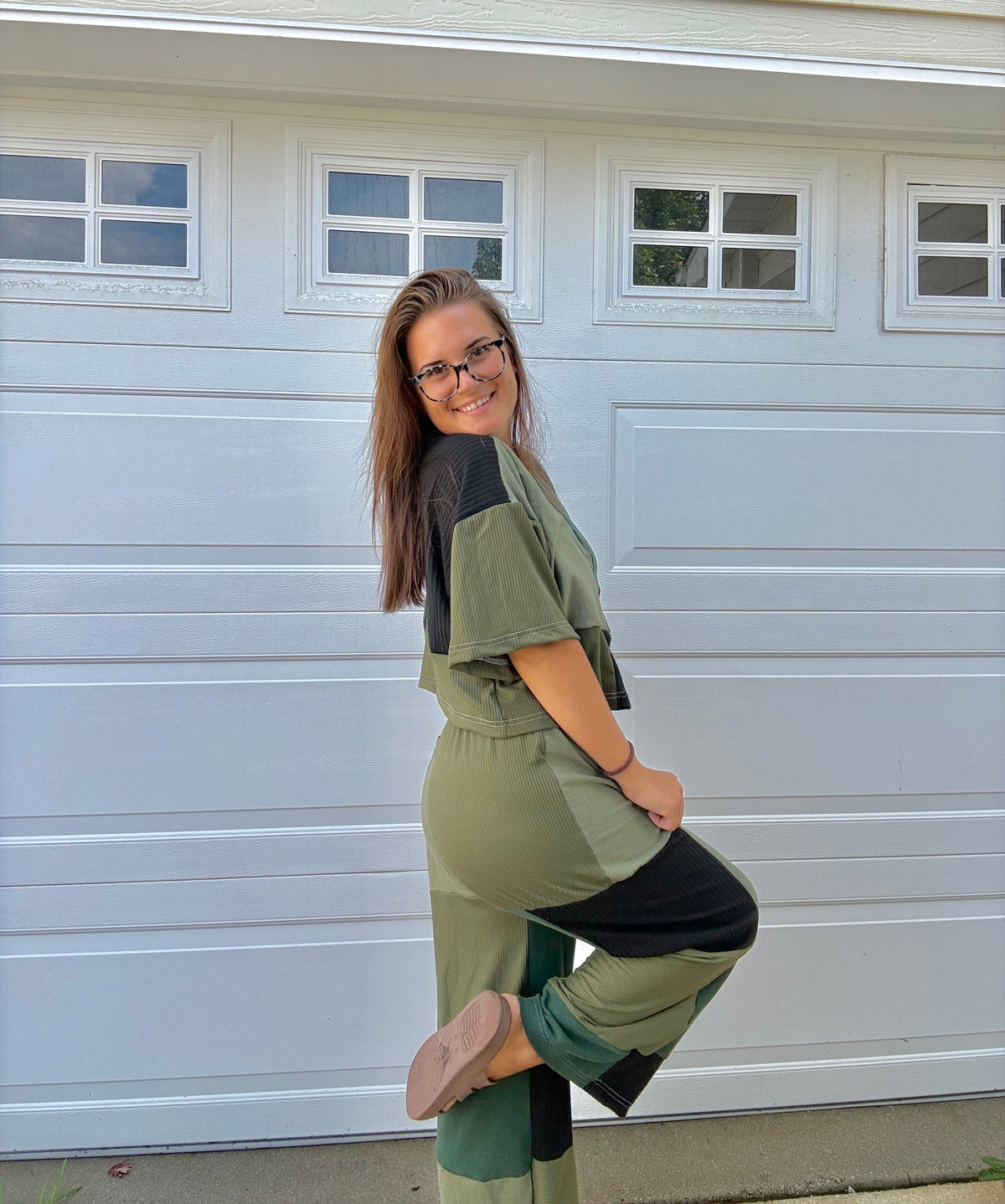 Green patchwork pants set (M)