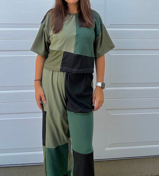 Green patchwork pants set (M)